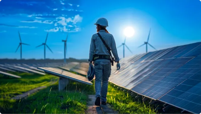 Técnico caminhando entre painéis de energia solar